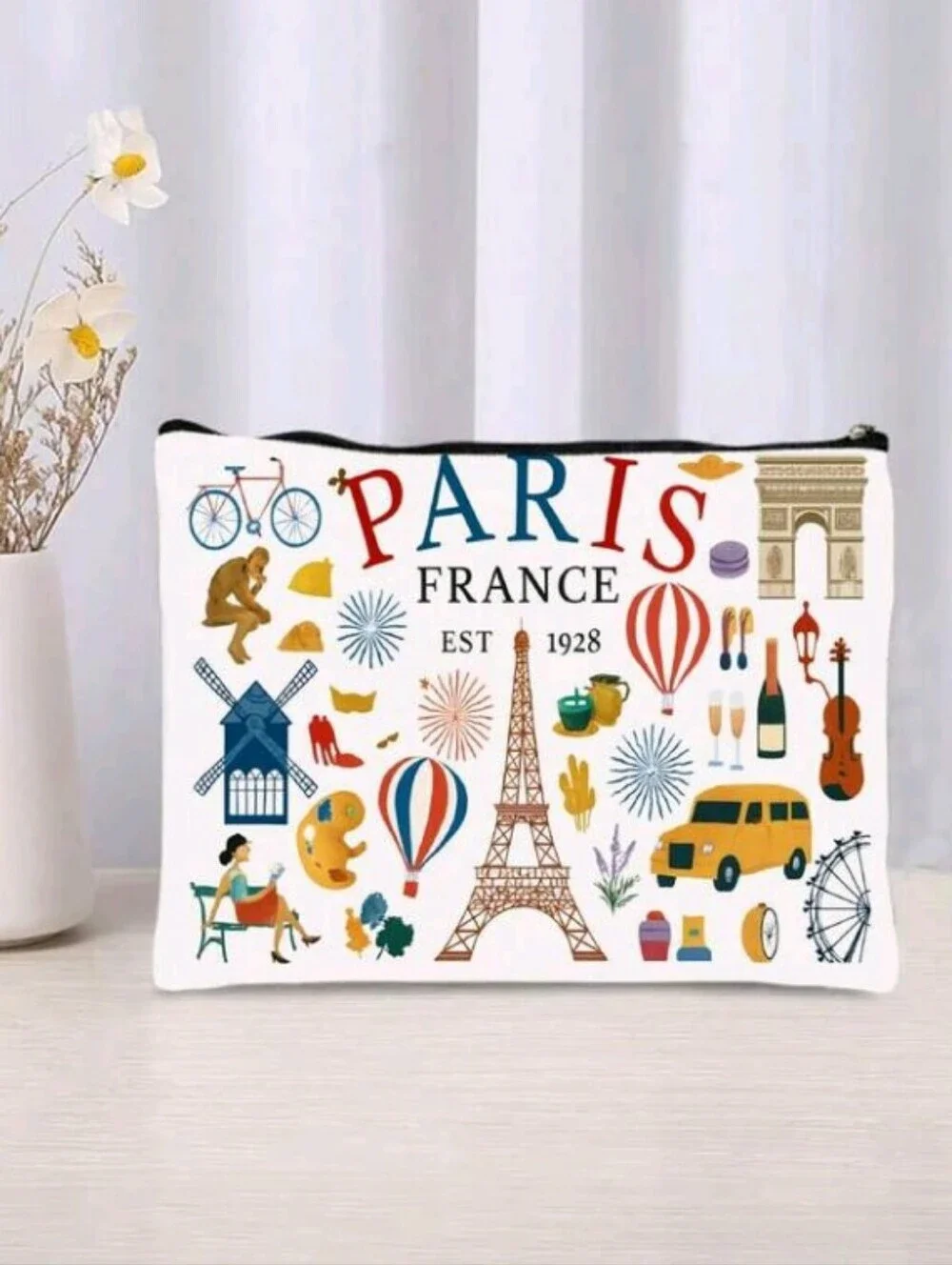 Paris France Print Red Blue Yellow Zipper Pouch Purse Summer Travel Eiffle Tower
